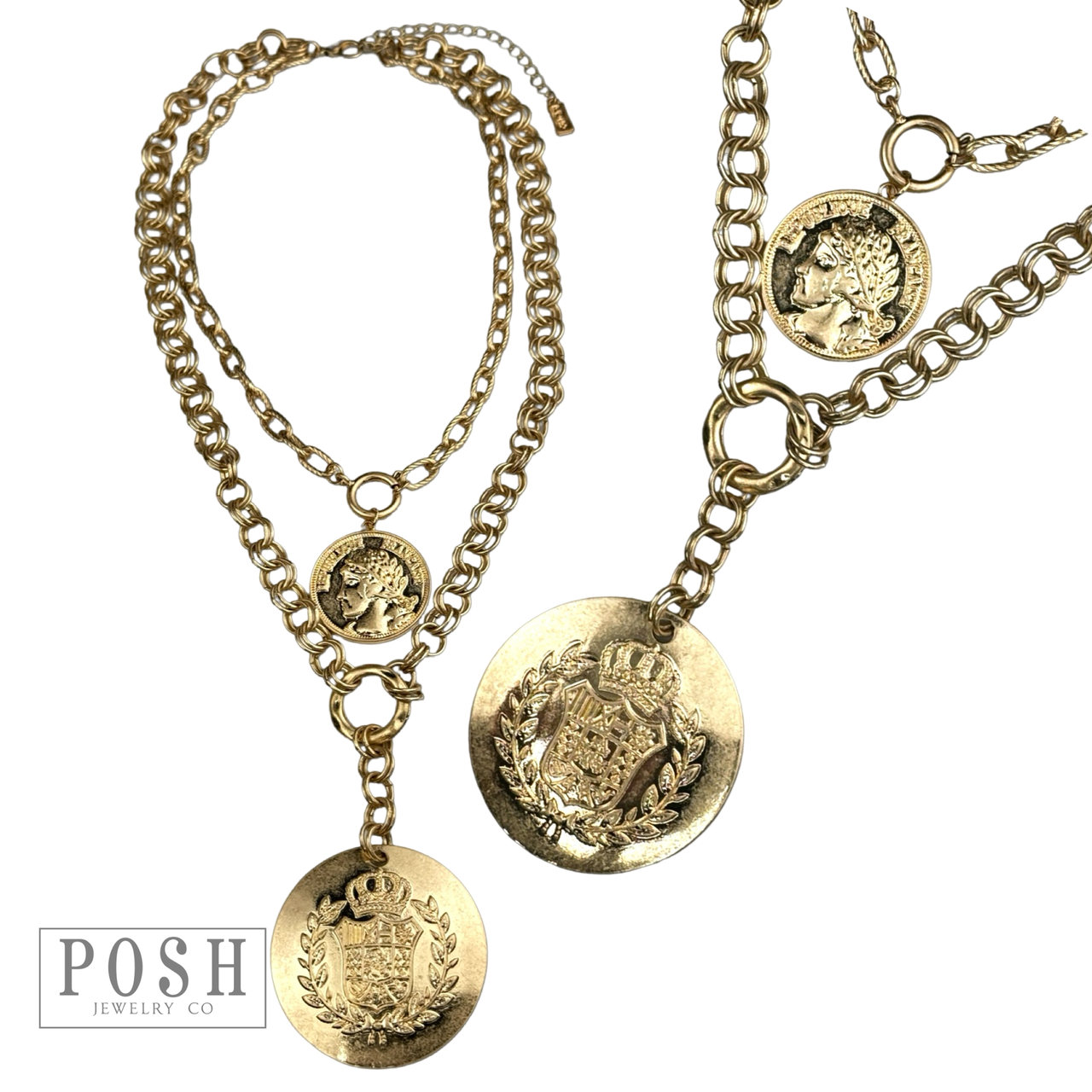 Double coin charm gold chain pendant necklace - LC