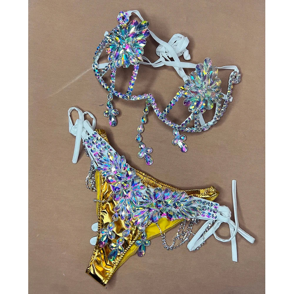 The Stardust Empress Royale – Deluxe Rhinestone Samba Carnival Wire Bra, Panty, Belt & Necklace 4-Piece Costume Set