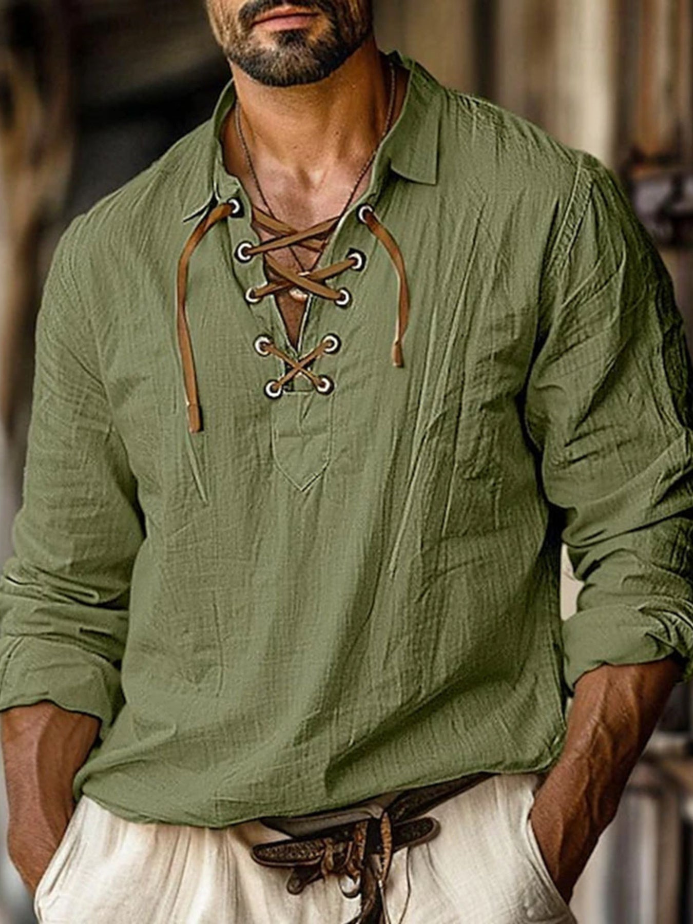 Men's Full Size Vintage Lace-Up Long Sleeve Blouse Plus Size