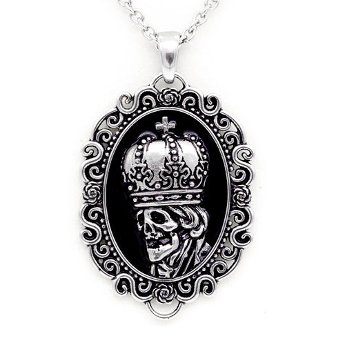Gothic Skull Cameo Necklace Silver Crown Victorian Pendant