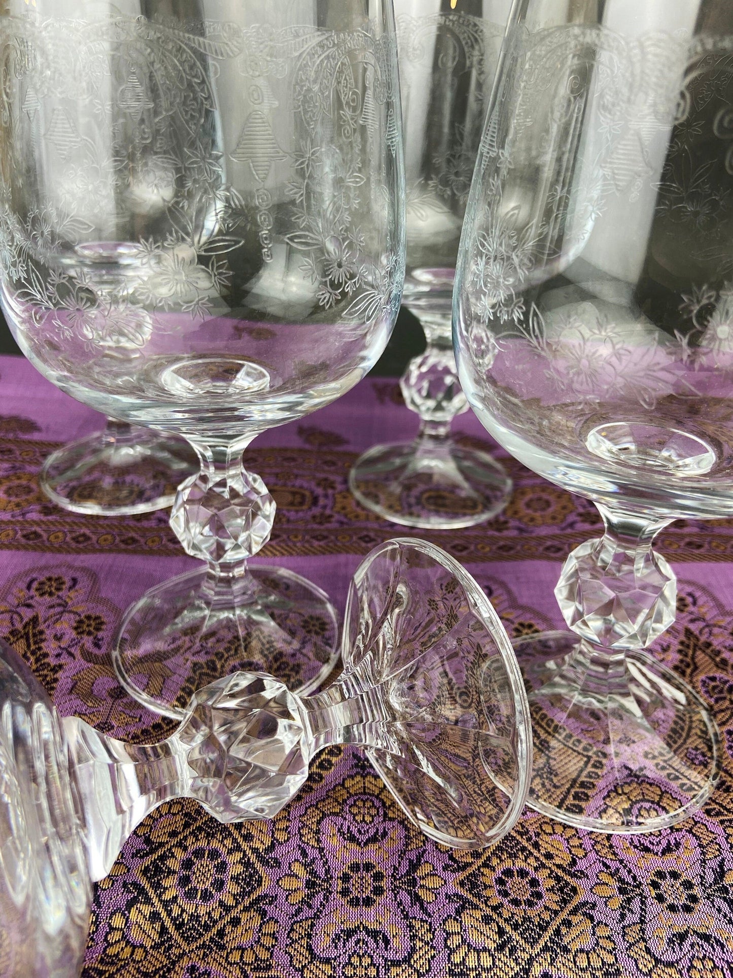 Vintage Bohemian Crystal Goblets, Queen's Lace Etched Stemware, Set of 6