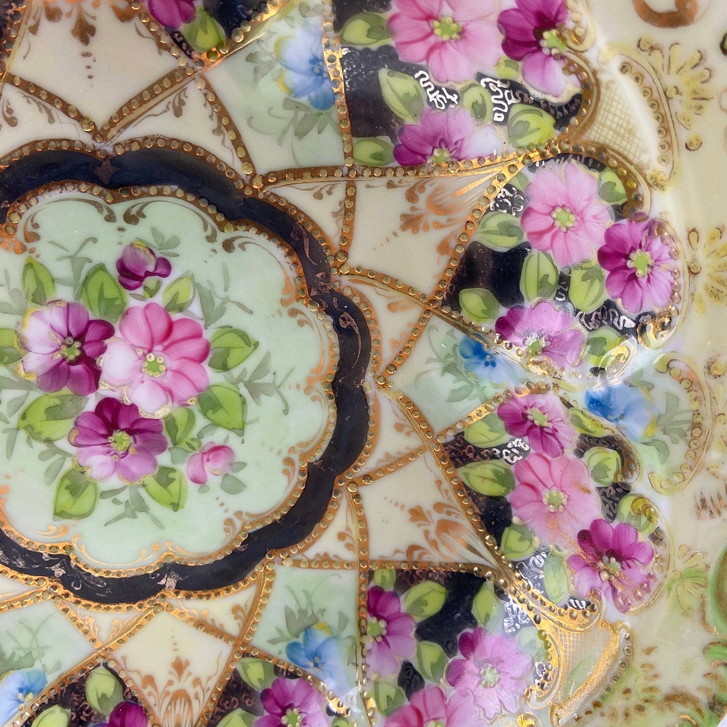 Old Hand Painted Porcelain Serving Bowl or Decorative Victorian Centerpiece with Scalloped Edges. Rich Gold Beaded Framework. Roses Motif.