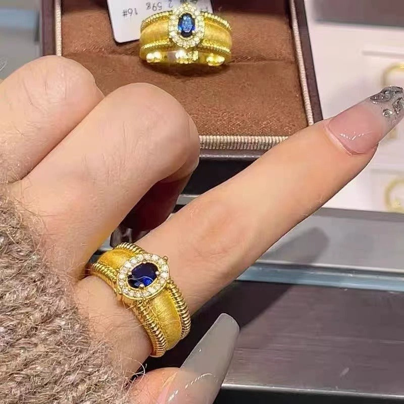 Vintage Brushed Wide Band Bead Ring, Sparkling Zircon Adjustable Open Ring, Court Style For Women
