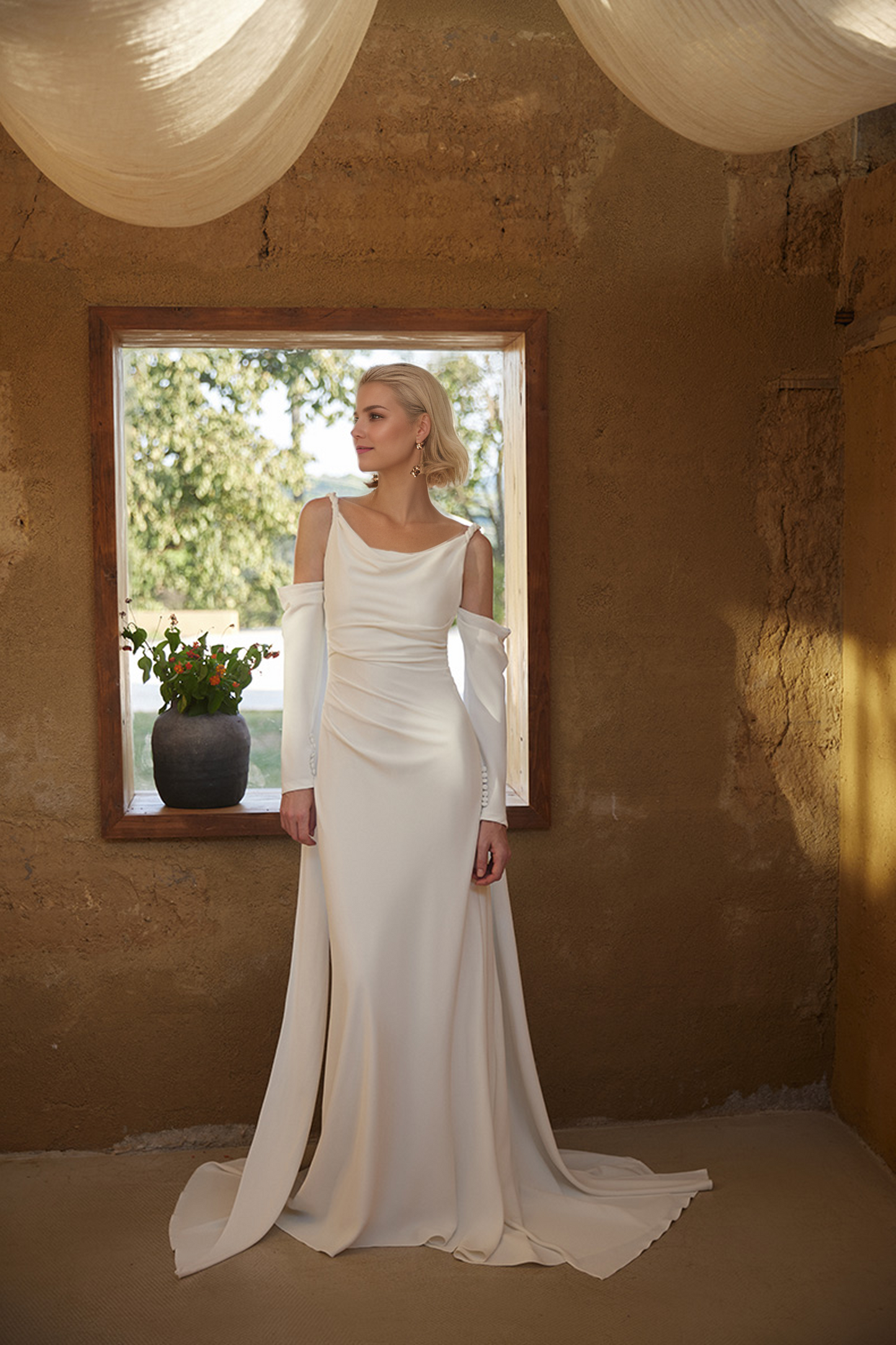 Minimalist Off-Shoulder Satin Wedding Gown with Detachable Sleeves and Elegant Train