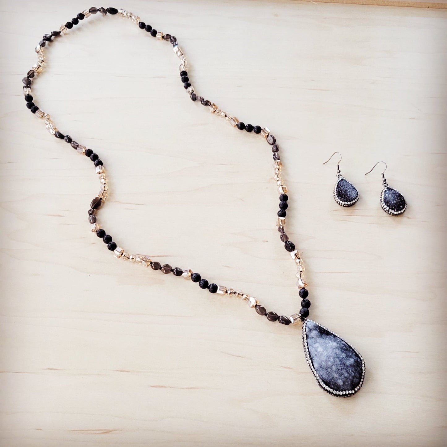 Black Lava Beaded Necklace w/ Druzy Pendant 257lb