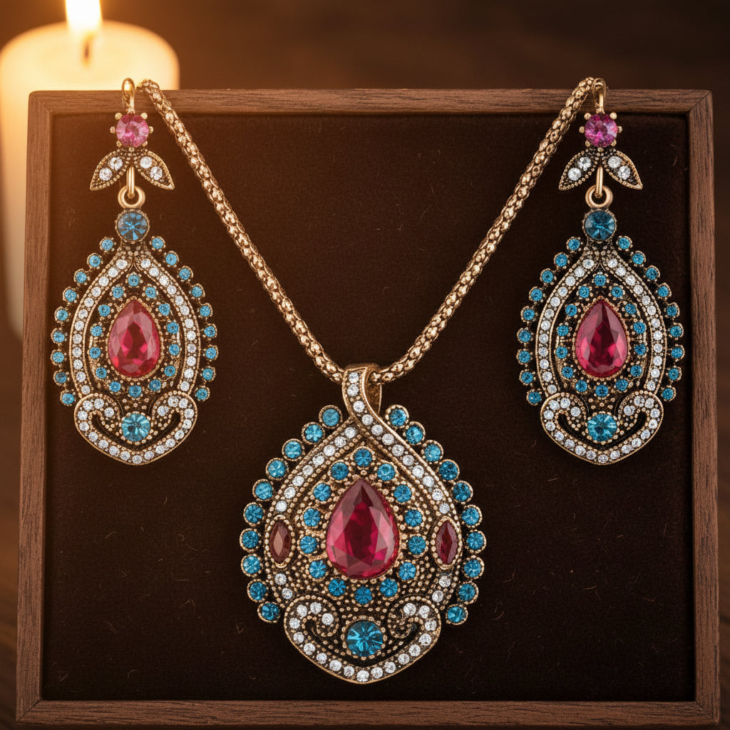 Jewelry set with necklace and earrings featuring red and blue gemstones