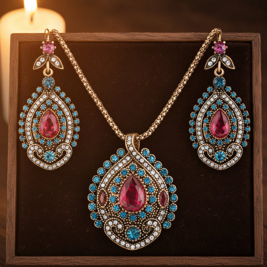 Jewelry set with necklace and earrings featuring red and blue gemstones
