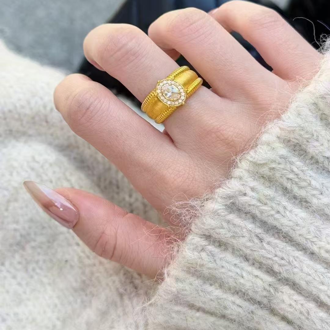 Vintage Brushed Wide Band Bead Ring, Sparkling Zircon Adjustable Open Ring, Court Style For Women