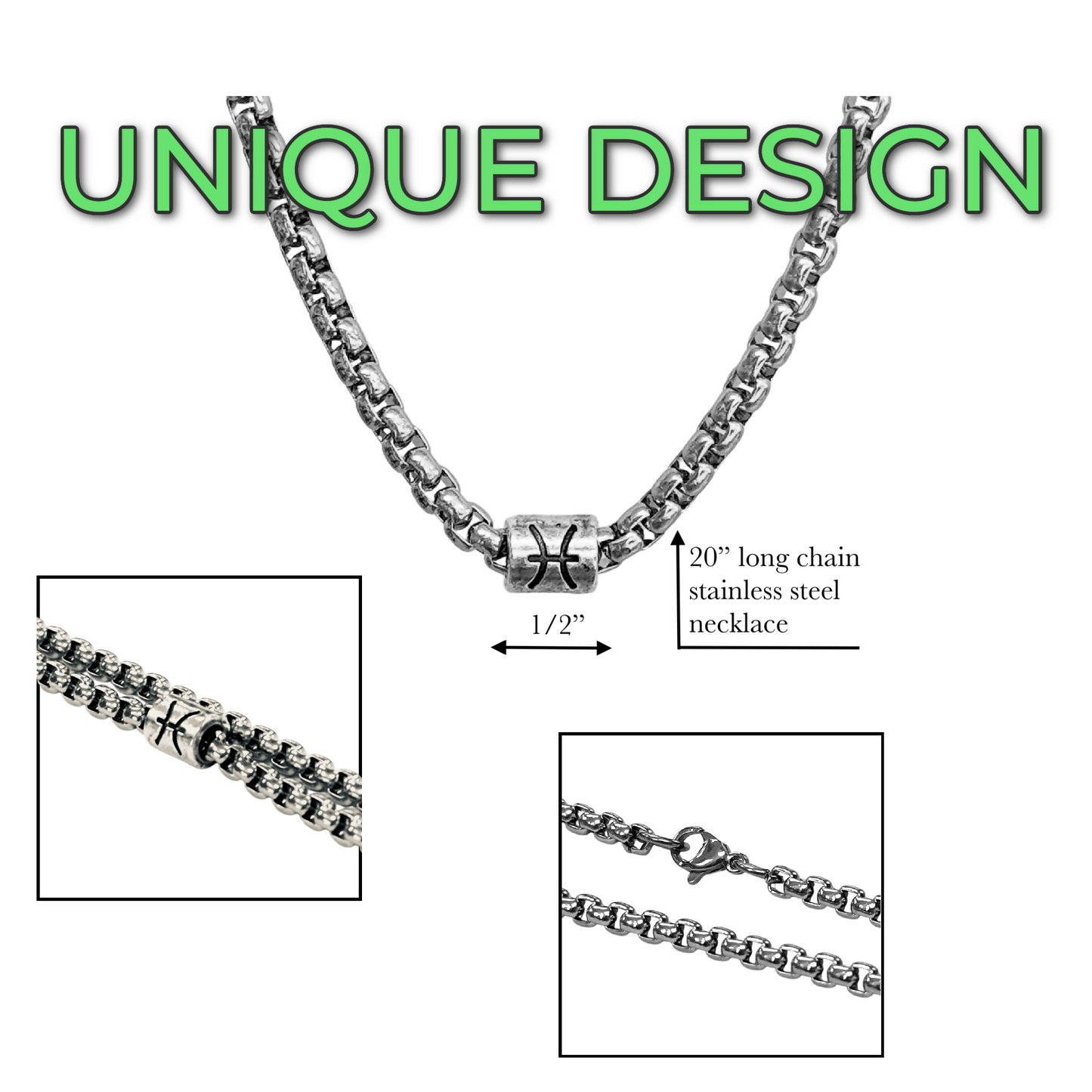 Vintage Zodiac Necklace Stainless Steel Box Chain Astrology Jewelry for Men