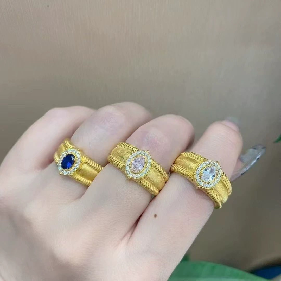 Vintage Brushed Wide Band Bead Ring, Sparkling Zircon Adjustable Open Ring, Court Style For Women