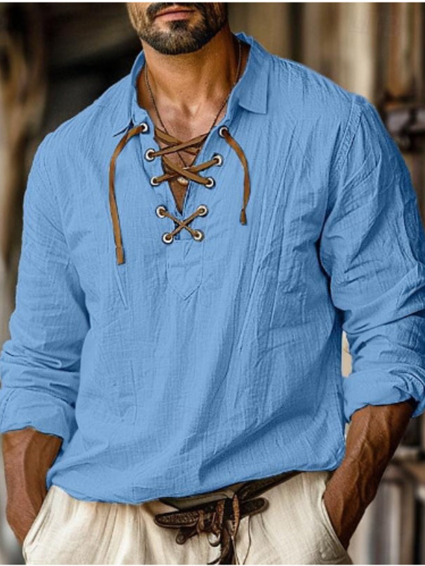 Men's Full Size Vintage Lace-Up Long Sleeve Blouse Plus Size