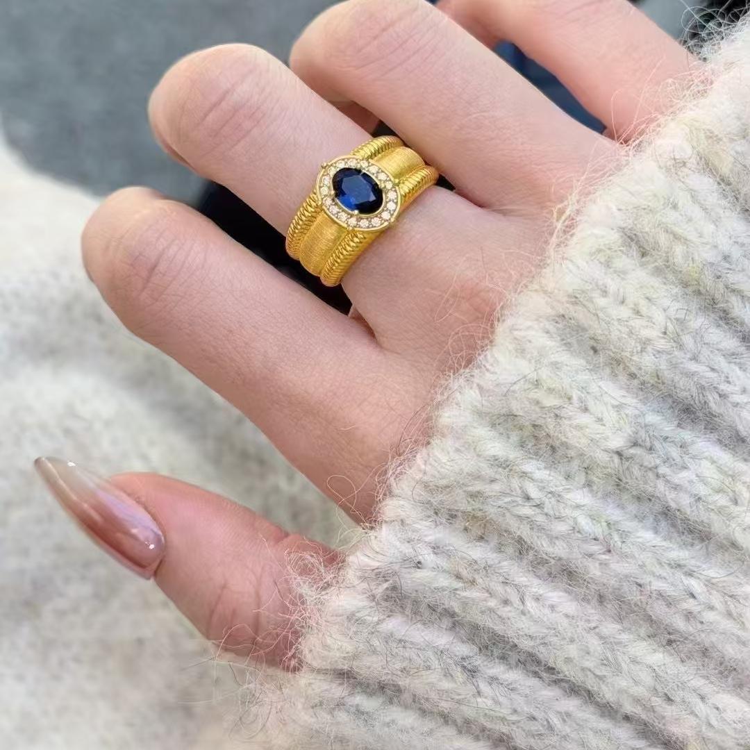 Vintage Brushed Wide Band Bead Ring, Sparkling Zircon Adjustable Open Ring, Court Style For Women