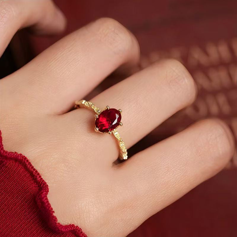Retro Court Style Red Gemstone Ring, Elegant Light Luxury Niche High-End Jewelry