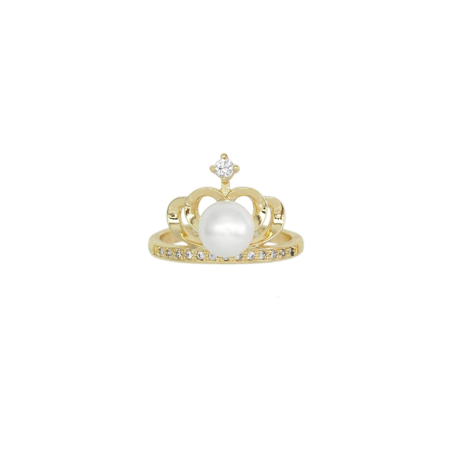 CZ Gold White Pearl Crown Adjustable Ring, Sku#ZX152