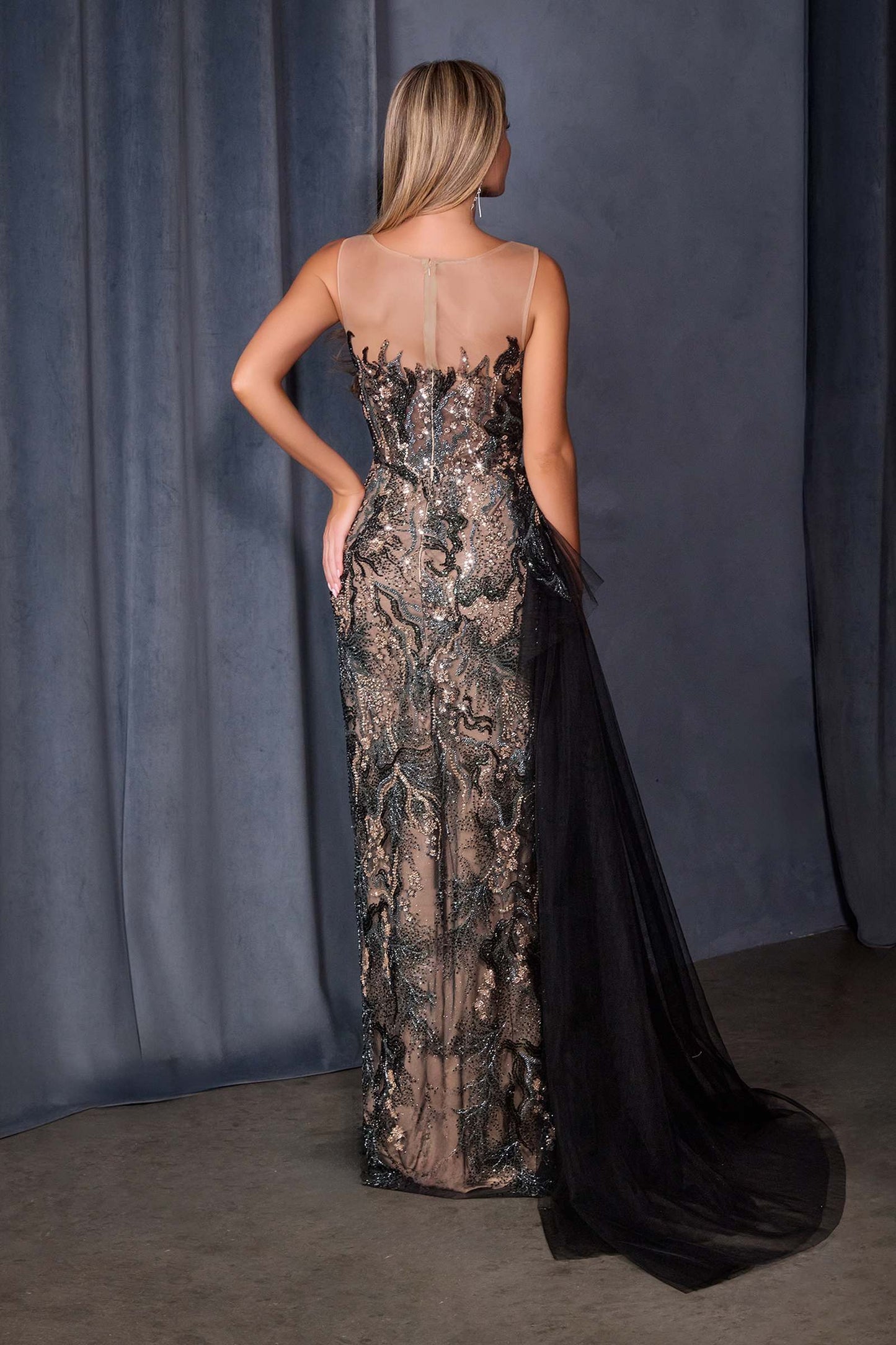 Teardrops in Obsidian | Black Sequin Illusion Fitted Formal Gown