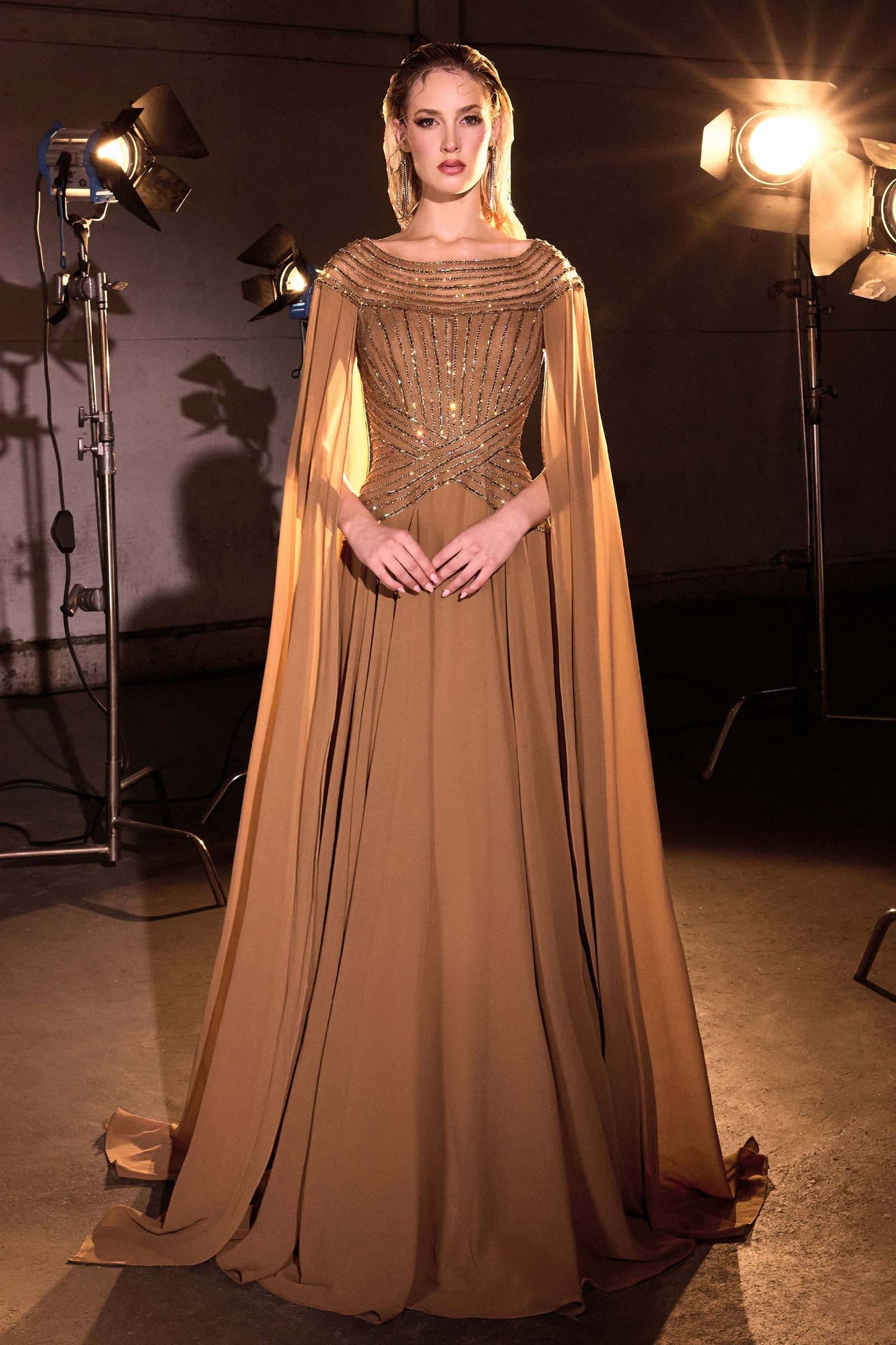 Ladivine CL08 Long A-Line Chiffon Flowing Cape Evening Gown
