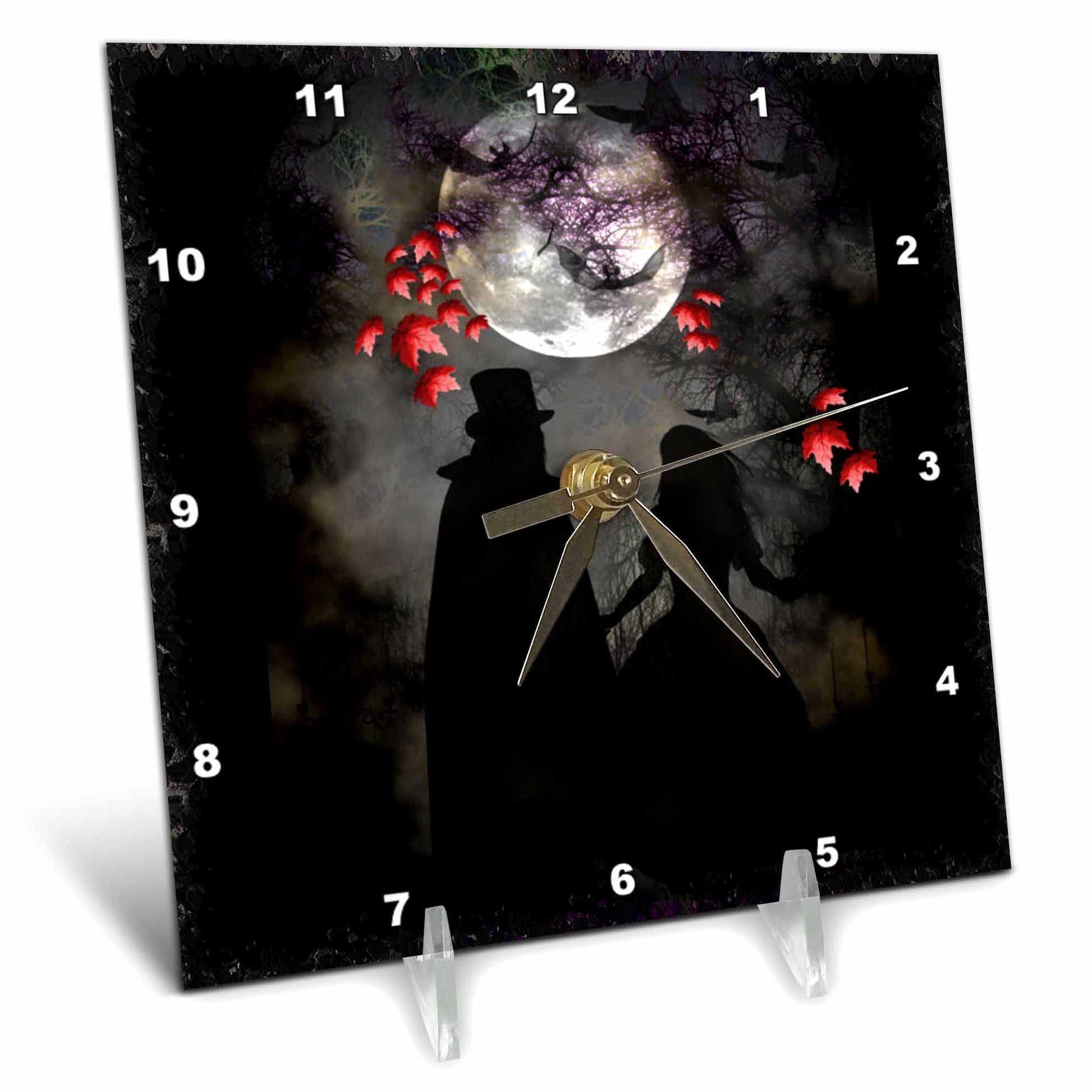 Desk clock with a silhouette of a person, wolf, and moon design on a dark background.
