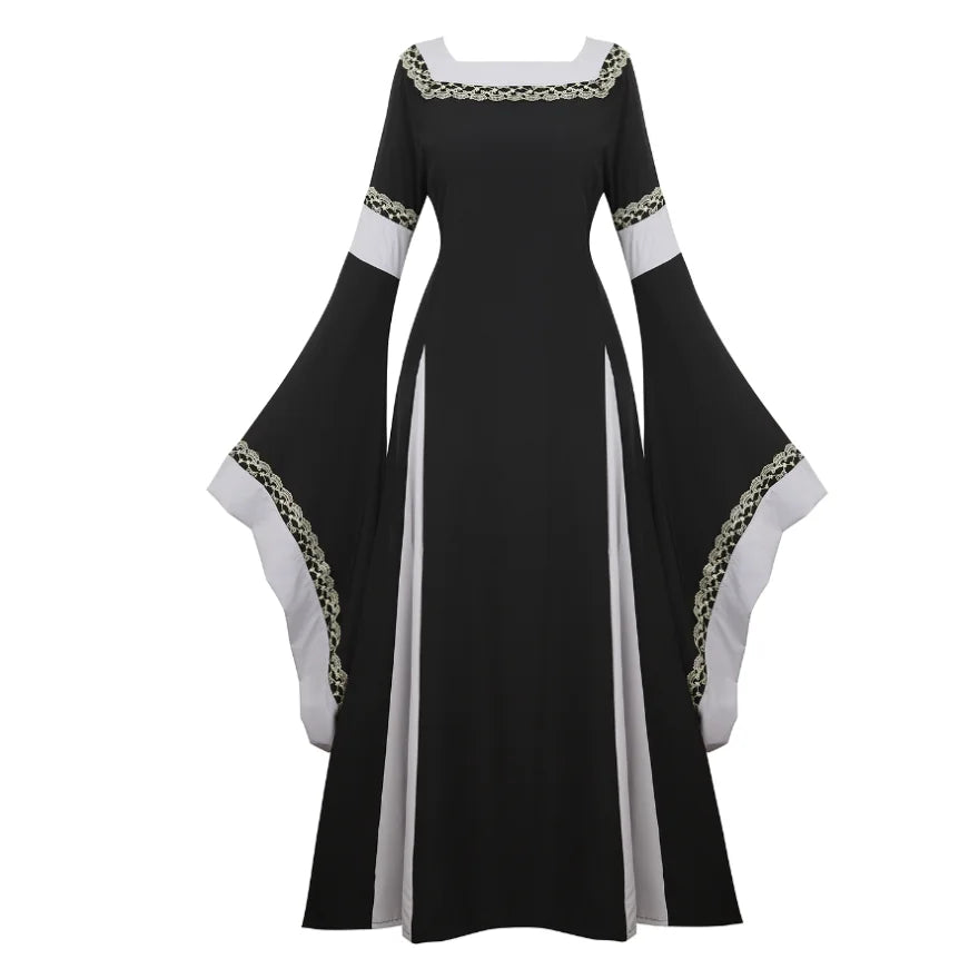 Women Medieval Renaissance Trumpet Sleeve Retro Loor Length Gown Lace Trim Irish Over Long Dress Halloween Costume Plus Size