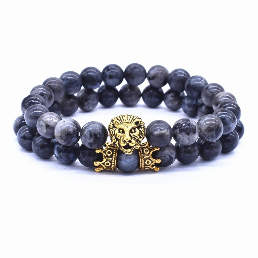 Classic Vintage Elegant Lion Head and Luxury Crown Charm Bracelet Natural Lava Stone Beads Amazing Bracelet Great For Men Fashion Jewelry