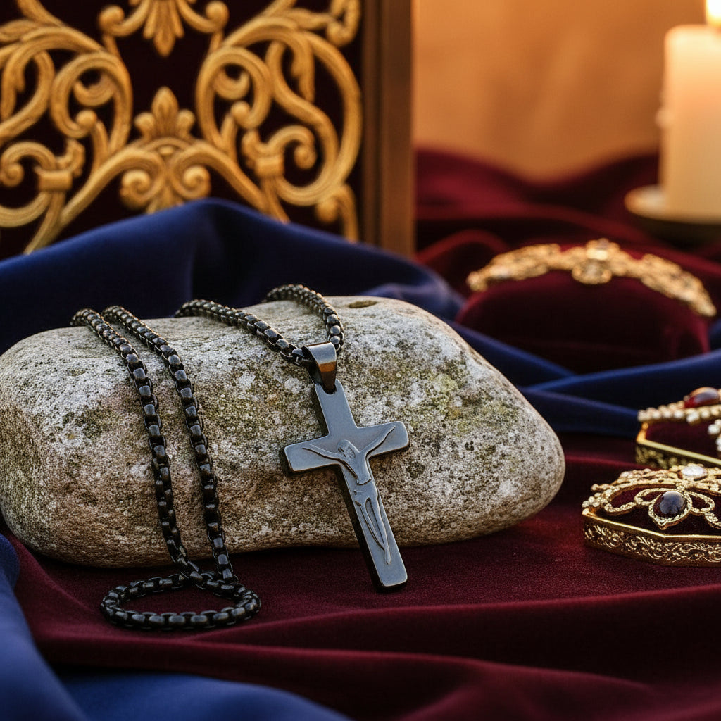 Cross necklace on a stone in a tudor Jewel House collection on red and blue velvet fabric with jewels and a candle.