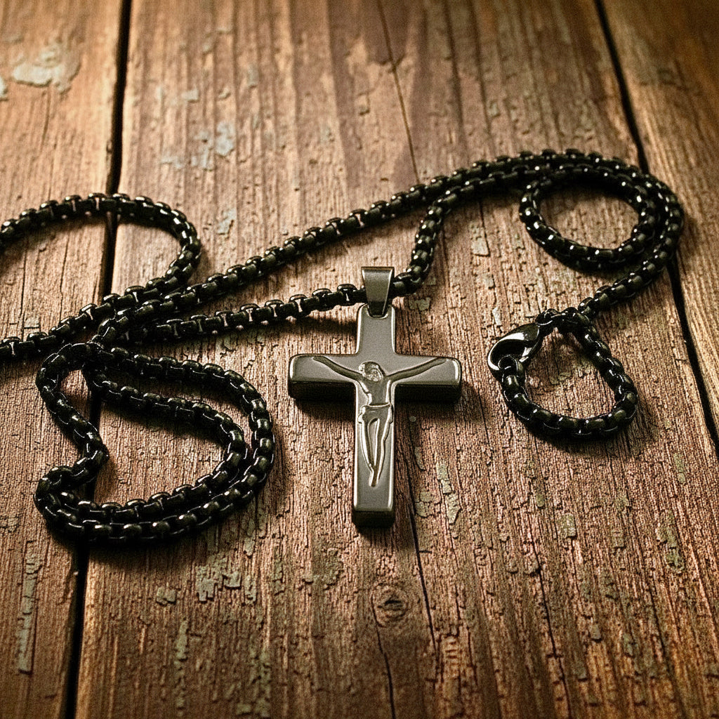 Silver crucifix pendant on a black chain necklace on a wooden surface