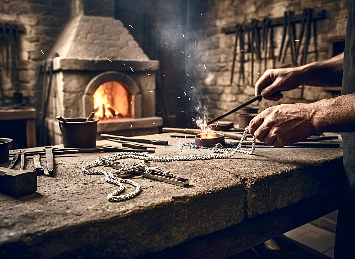 Person working with tools and materials on a stone anvil in a workshop.