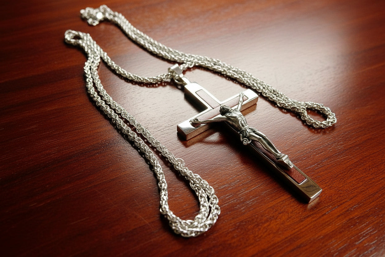 Silver crucifix pendant on a chain against a wooden background
