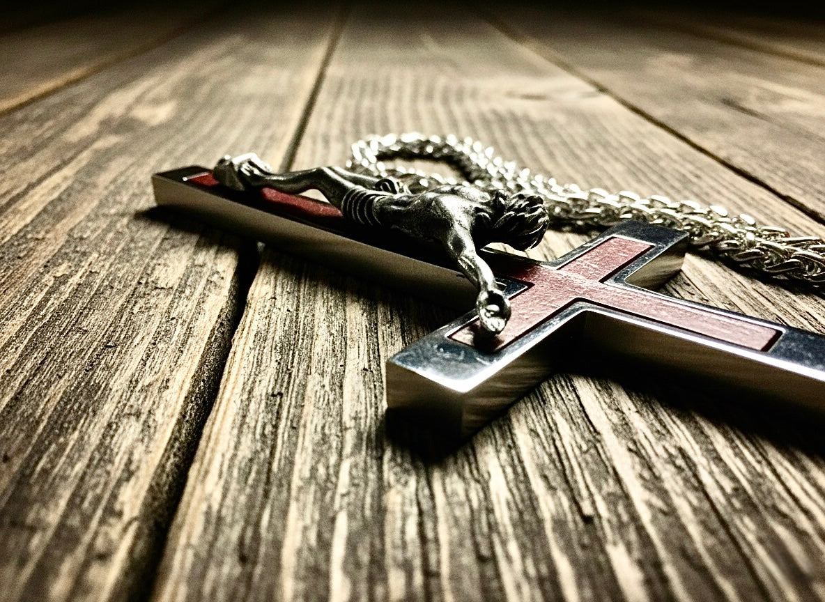 Cross pendant with chain on a wooden surface