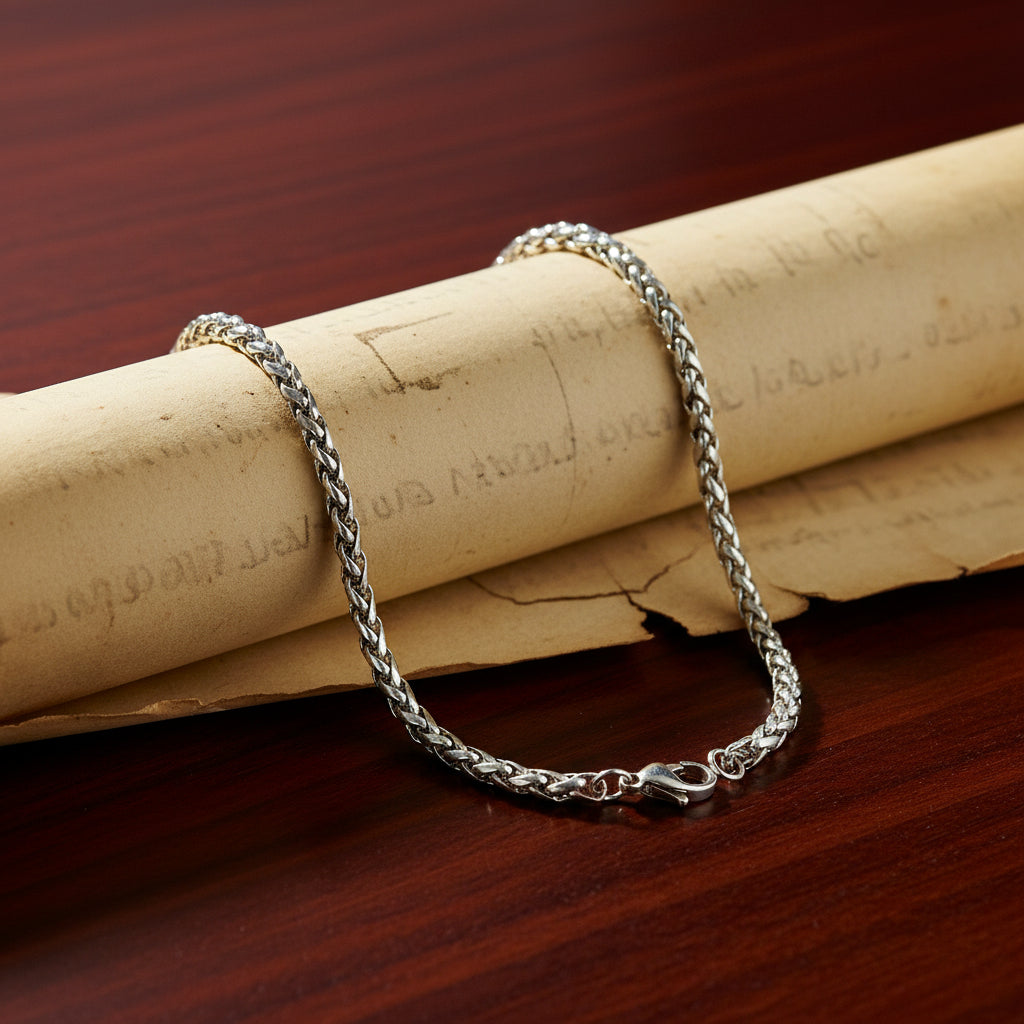 Silver chain necklace draped on an aged scroll on a mahogany wood table.