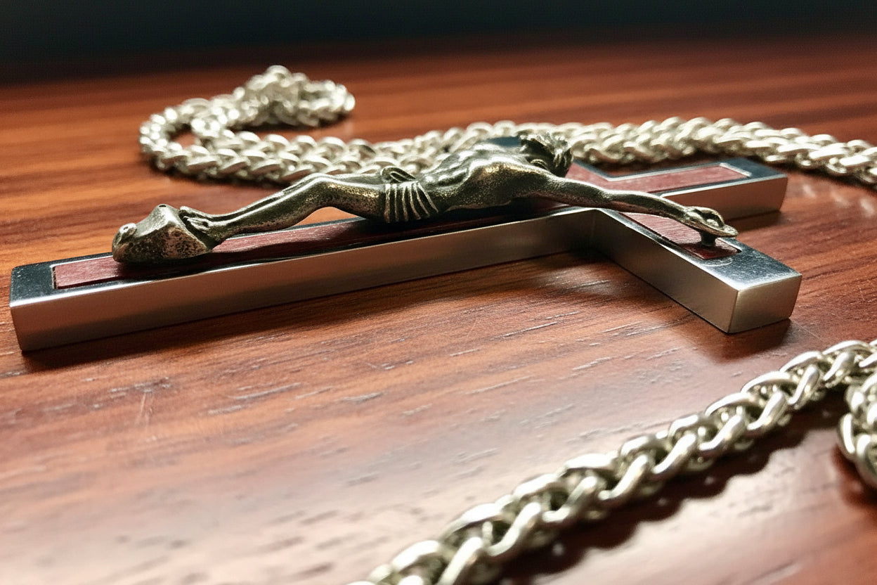 Silver crucifix with chain on a wooden surface