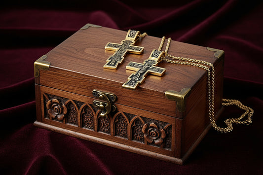 Gold cross necklace showing the front and back views of an orthodox crucifix on a wooden trinket box with tudor styled roses laying on red velvet fabric.