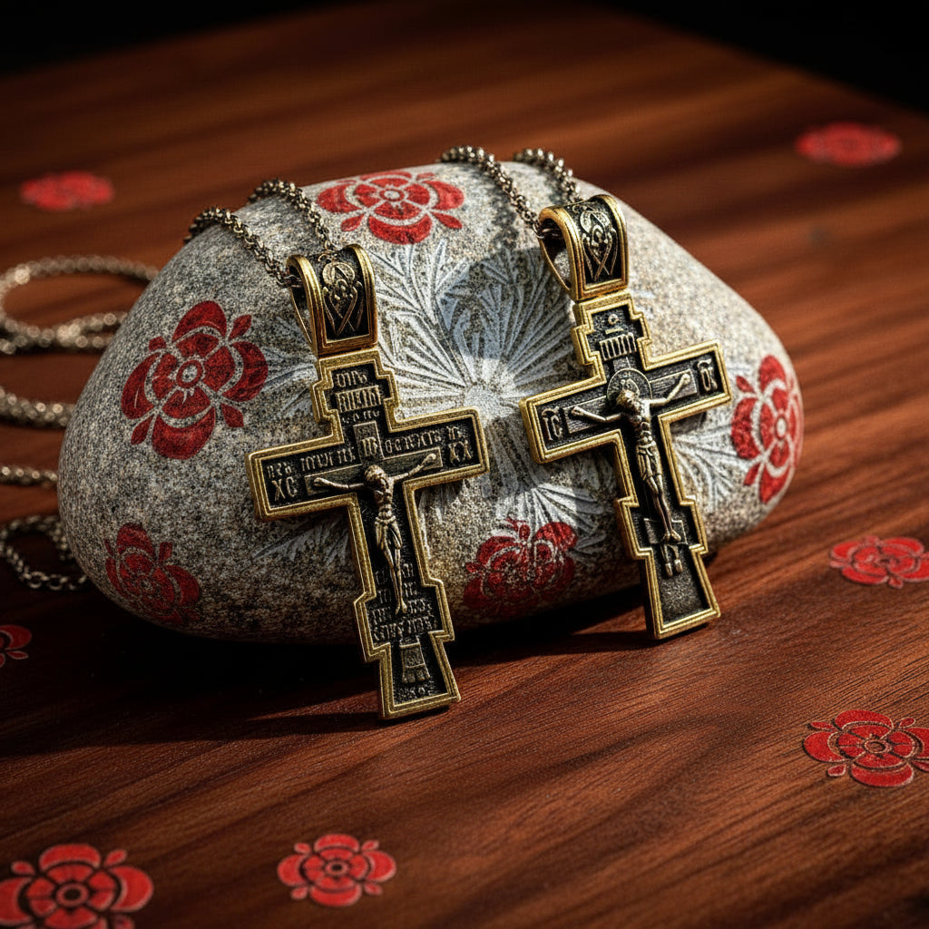 Two crucifix pendants on a decorative stone with a blurred market scene in the background