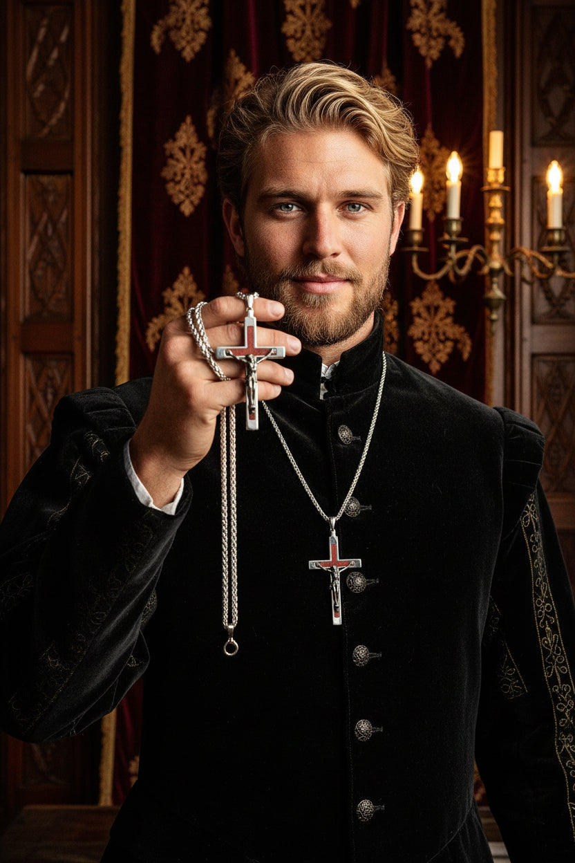 A man dressed in a black high-collared doublet holding up a large silver and mahogany wood crucifix cross necklace with a braided wheat chain. He is set against a dark Tudor-style castle backdrop with rich burgundy tapestries and carved dark wood paneling.