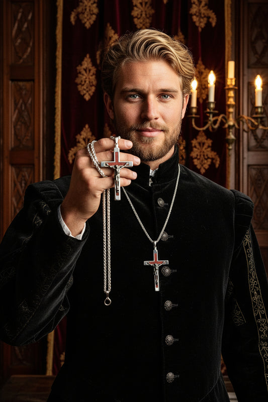 A man dressed in a black high-collared doublet holding up a large silver and mahogany wood crucifix cross necklace with a braided wheat chain. He is set against a dark Tudor-style castle backdrop with rich burgundy tapestries and carved dark wood paneling.