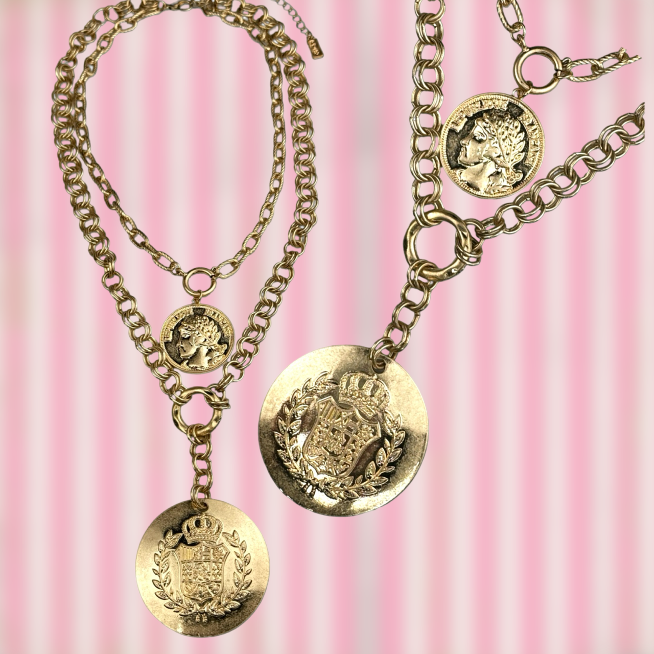 Double coin charm gold chain pendant necklace - LC