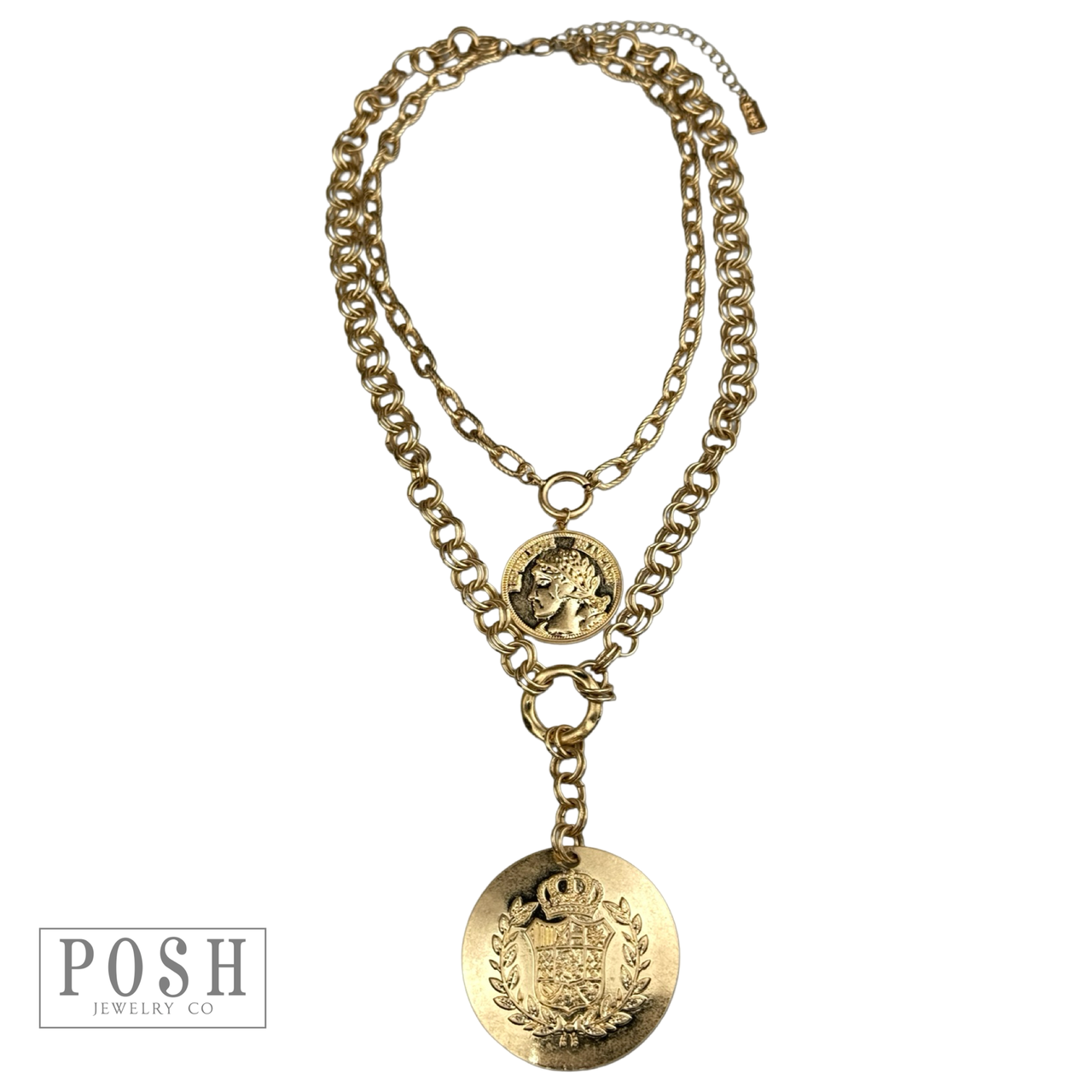 Double coin charm gold chain pendant necklace - LC