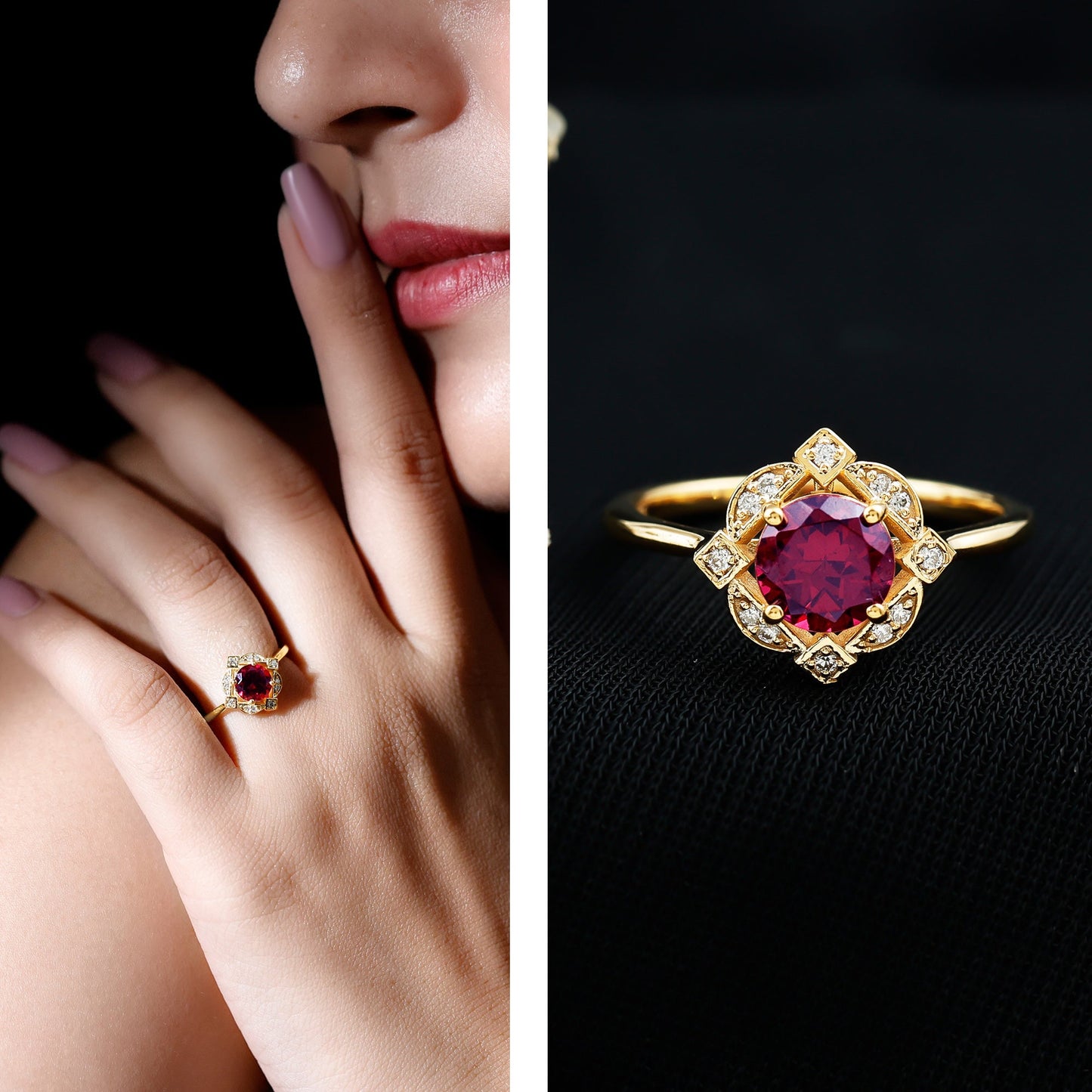 The Tudor Rose: Rhodolite Garnet & Diamond Halo Ring