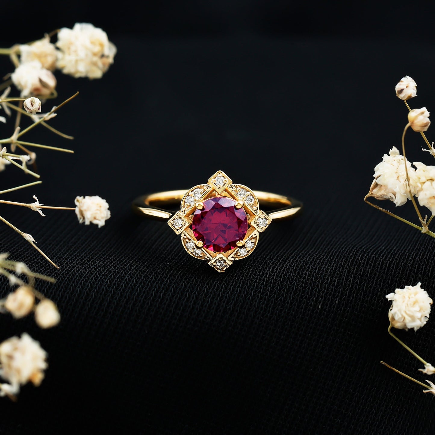 The Tudor Rose: Rhodolite Garnet & Diamond Halo Ring