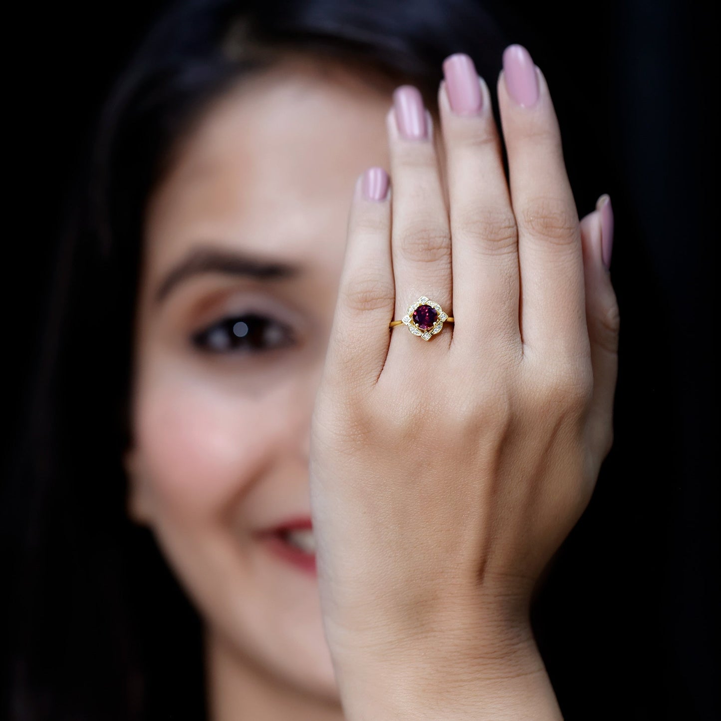 The Tudor Rose: Rhodolite Garnet & Diamond Halo Ring