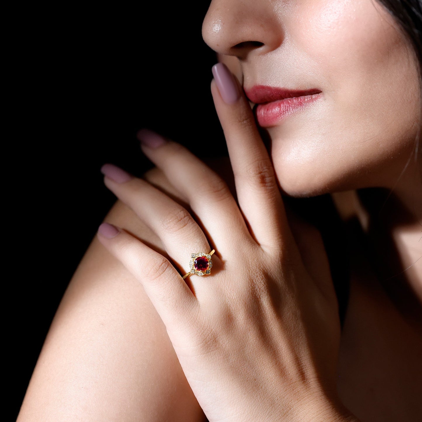 The Tudor Rose: Rhodolite Garnet & Diamond Halo Ring