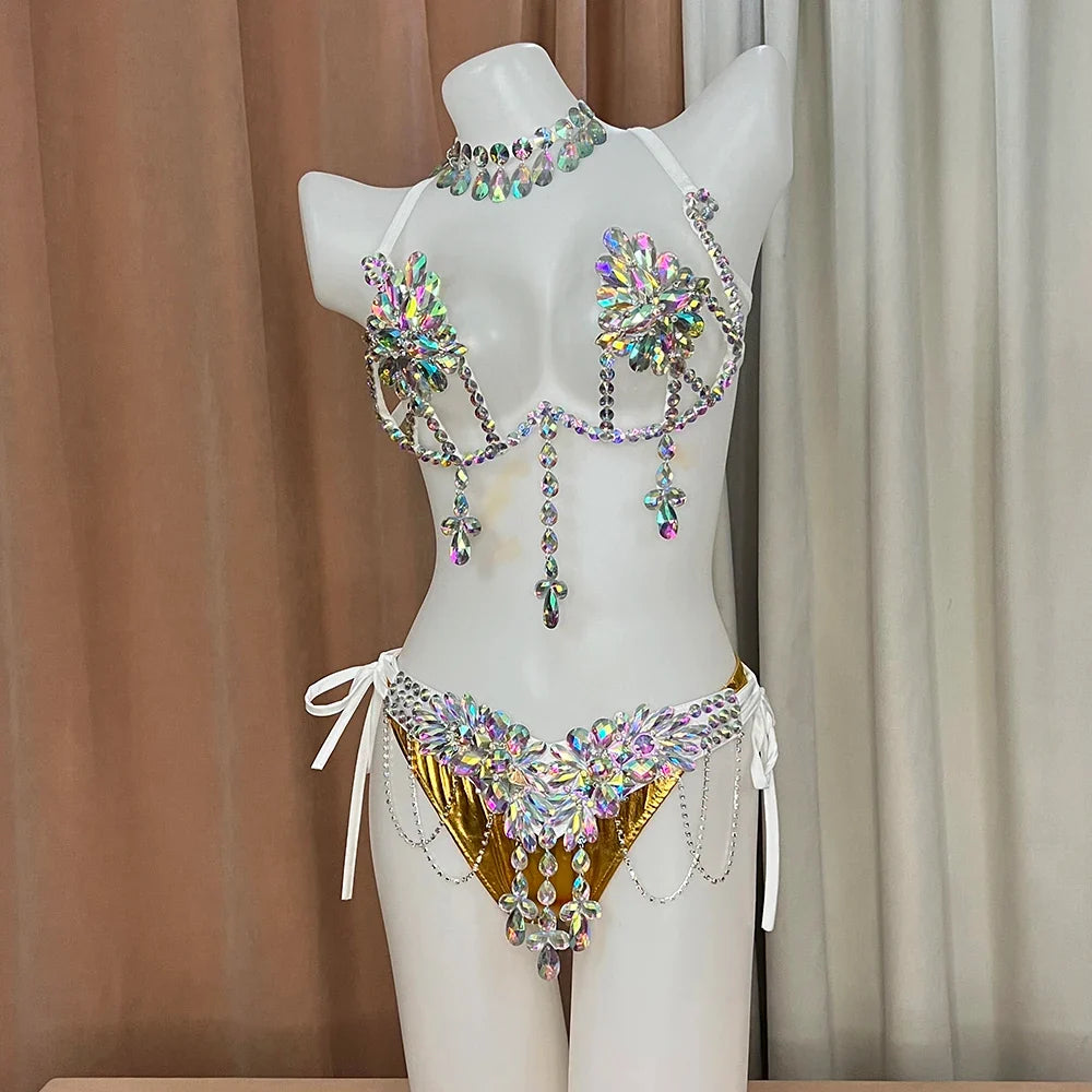 The Stardust Empress Royale – Deluxe Rhinestone Samba Carnival Wire Bra, Panty, Belt & Necklace 4-Piece Costume Set