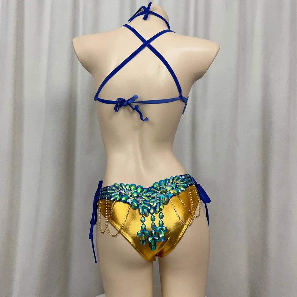 The Stardust Empress Royale – Deluxe Rhinestone Samba Carnival Wire Bra, Panty, Belt & Necklace 4-Piece Costume Set