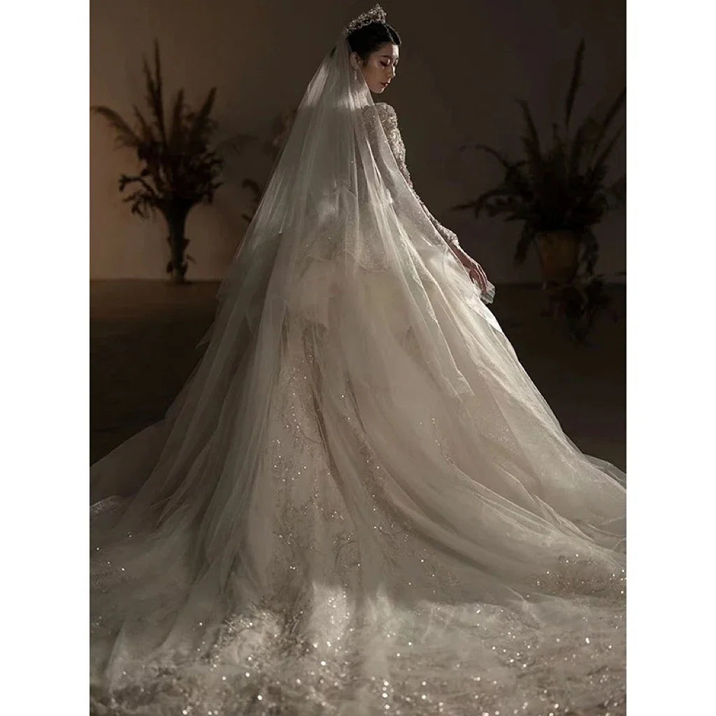 Luxury Wedding Gown with Shiny High Neck Beads EDW239