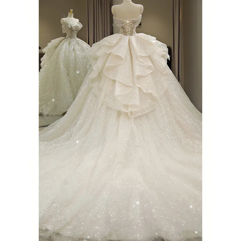 Exquisite White Wedding Dress Boat Neck EDL451