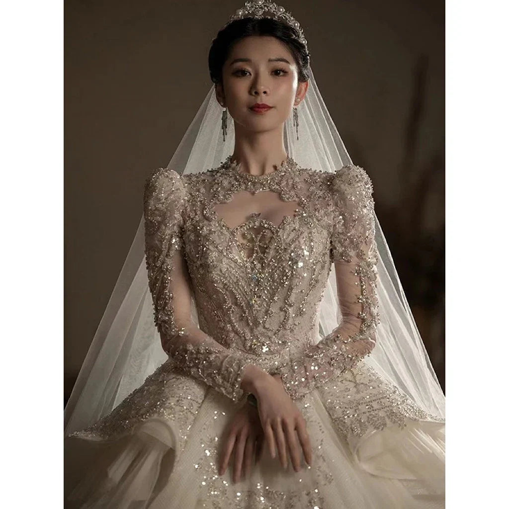 Luxury Wedding Gown with Shiny High Neck Beads EDW239