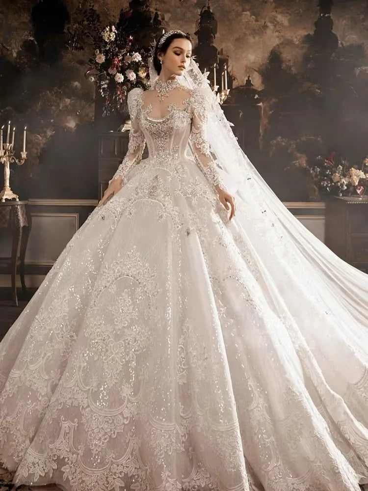 Crystal Long Sleeve Puffy Luxury Bridal Gown EDL102