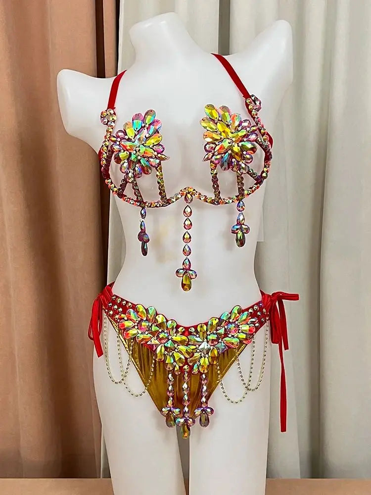 The Stardust Empress Royale – Deluxe Rhinestone Samba Carnival Wire Bra, Panty, Belt & Necklace 4-Piece Costume Set