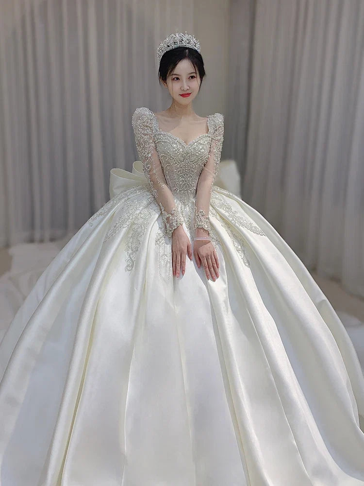 Luxurious Long Sleeves Wedding Satin Gown EDW21