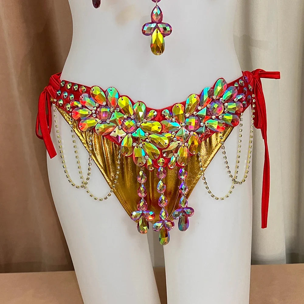 The Stardust Empress Royale – Deluxe Rhinestone Samba Carnival Wire Bra, Panty, Belt & Necklace 4-Piece Costume Set
