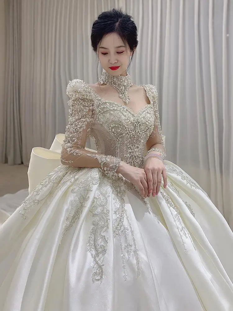 Luxurious Long Sleeves Wedding Satin Gown EDW21
